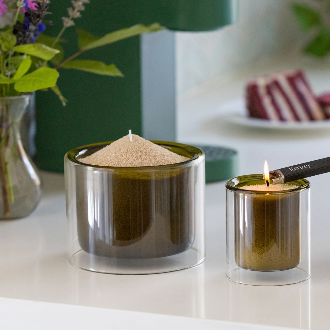 Olive Green Small Double Glass Vessel with Wax Pearls