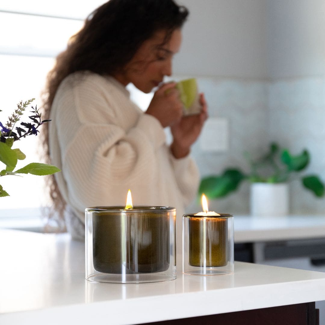 Olive Green Double Glass Vessels Set with Wax Pearls