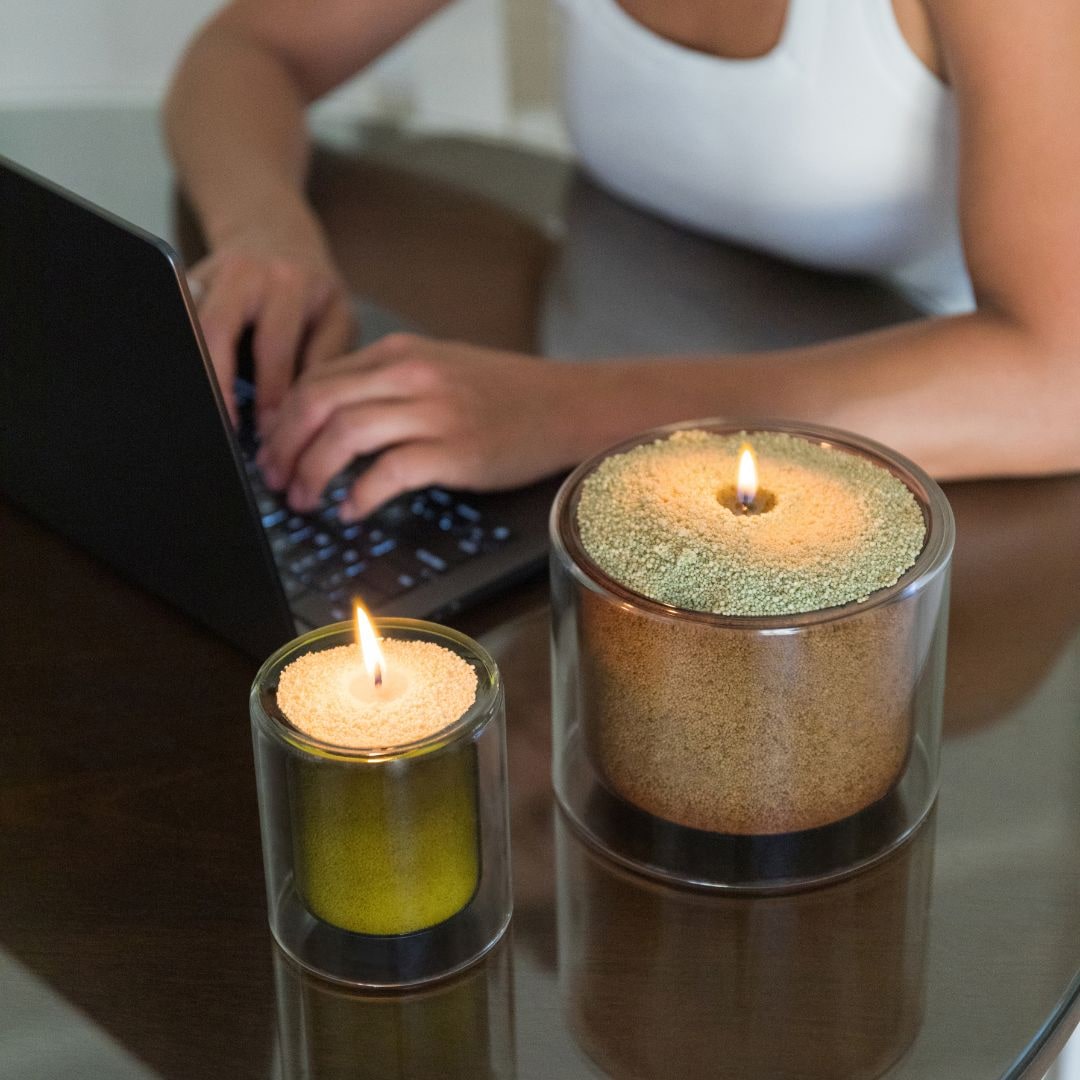 Olive Green Medium Double Glass Vessel with Wax Pearls