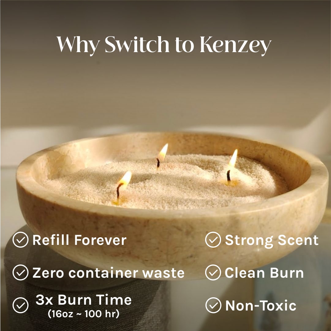 Kenzey wax pearls, showing benefits: refillable, zero waste, 100 hour burn time, strong scent, clean burn, non-toxic