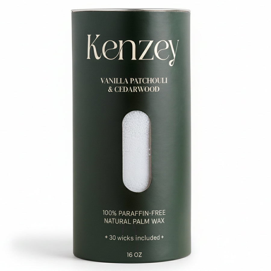 Kenzey vanilla patchouli and cedarwood scented wax pearls in dark green tube packaging with viewing window, 16oz with 30 wicks included